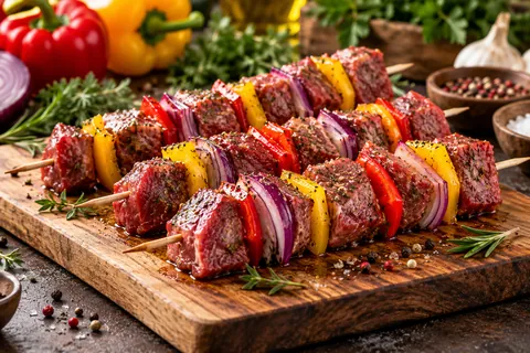 Fleischspieße mit Paprika und Zwiebeln