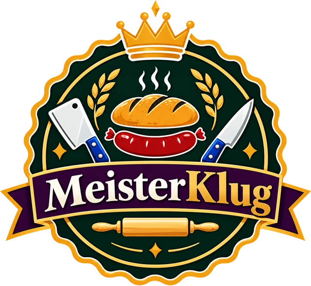 MeisterKlug Logo: Krone, Brot, Wurst, Hackbeil und Messer über einem Band mit dem Schriftzug MeisterKlug
